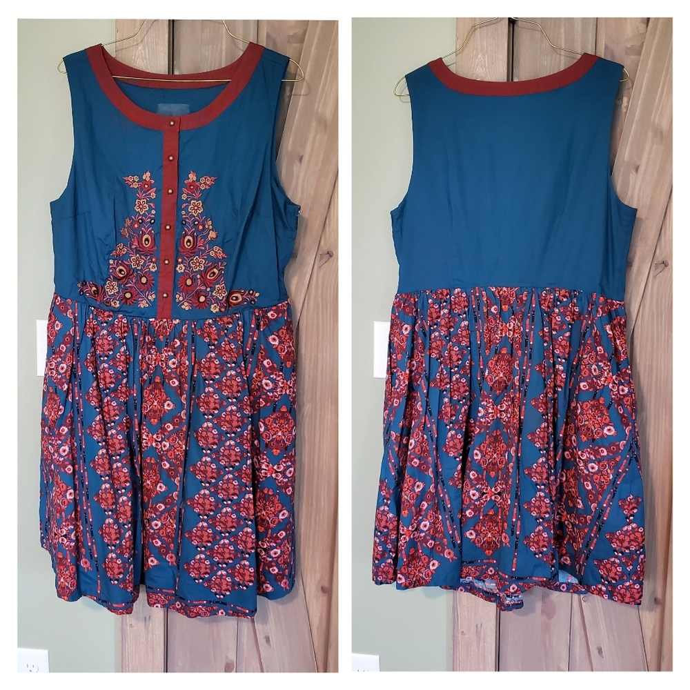Modcloth | Teal A-line Dress with Floral Embroidery